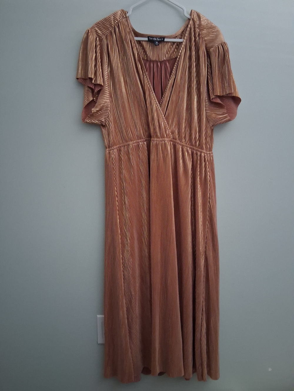 Smocked V-Neck Midi Dress in Bronze